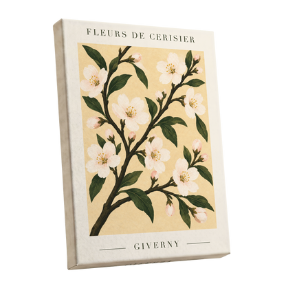 Giverny Blossom, beige, green, white floral wall art shown as a stretched canvas wall art