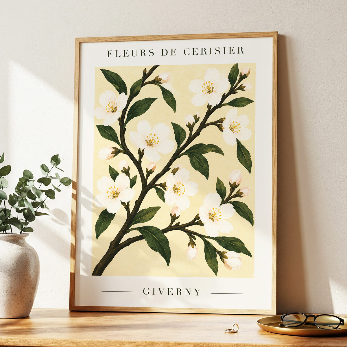 Giverny Blossom, beige, green, white floral wall art displayed in a styled interior, gallery view 2