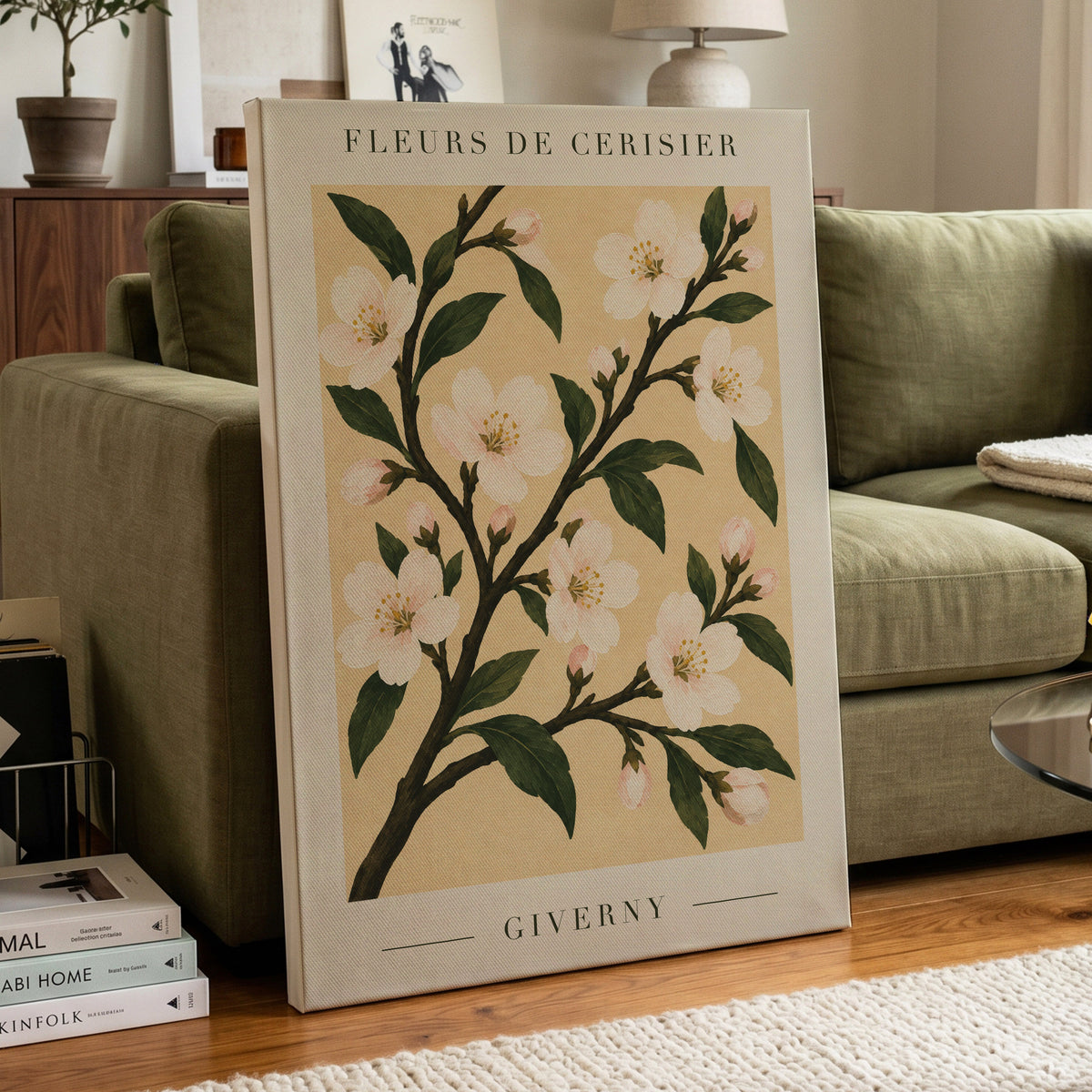 Giverny Blossom, beige, green, white floral wall art displayed in a styled interior, gallery view 3