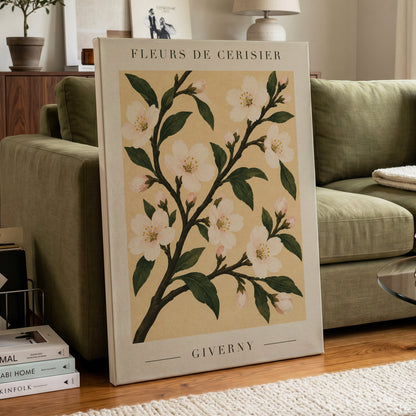Giverny Blossom, beige, green, white floral wall art displayed in a styled interior, gallery view 3