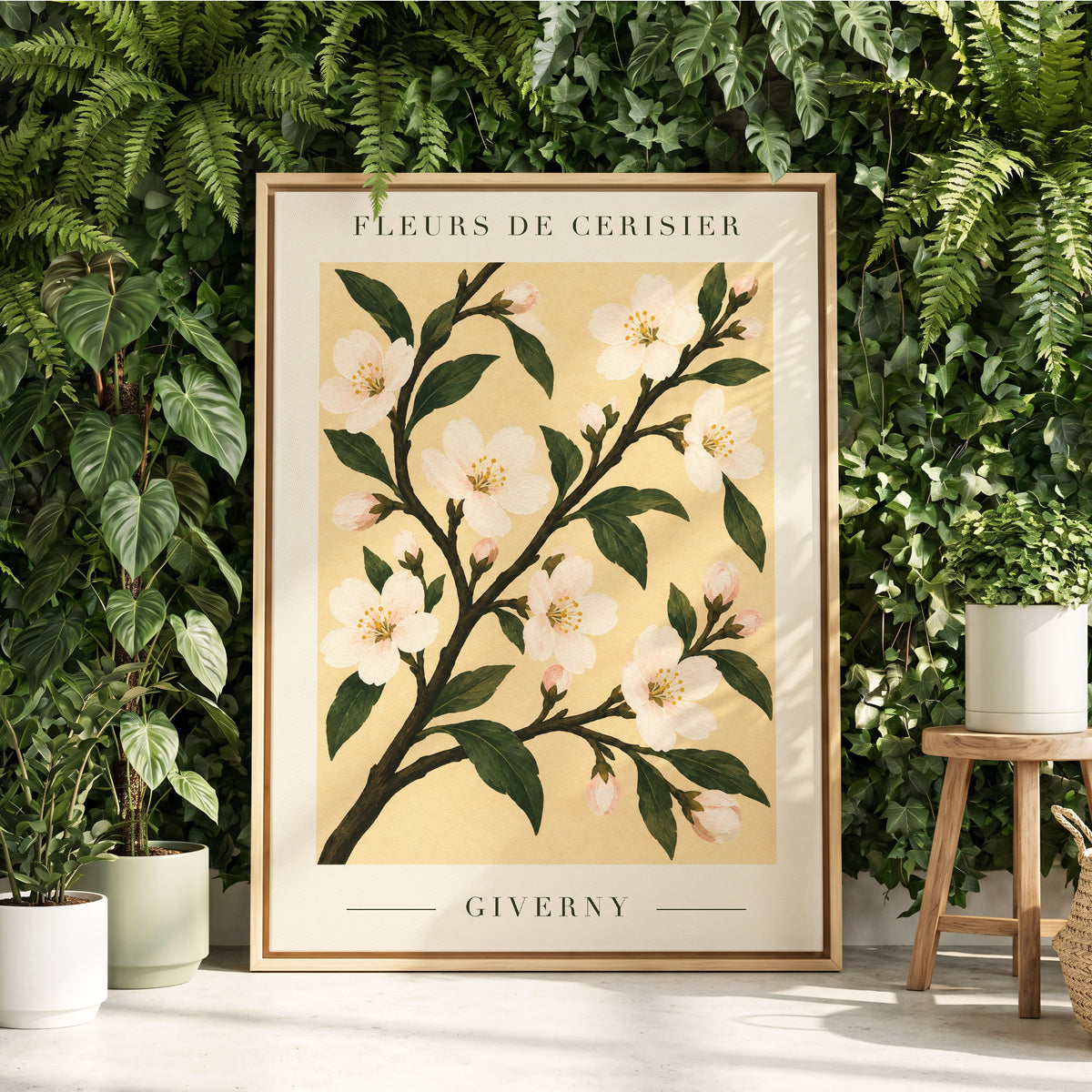 Giverny Blossom, beige, green, white floral wall art displayed in a styled interior, gallery view 4