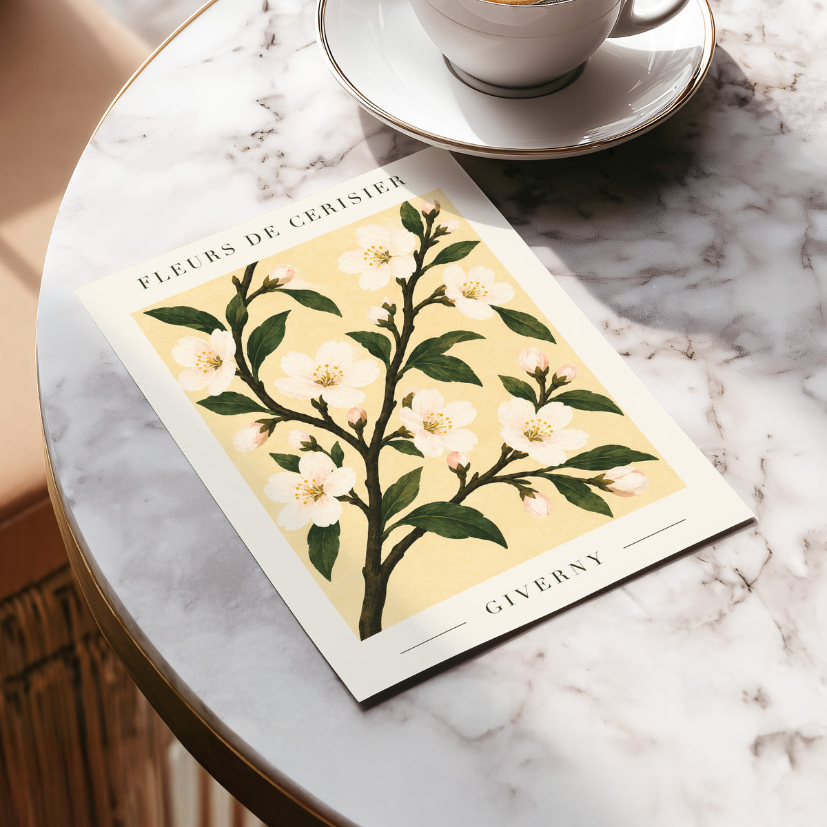 Giverny Blossom, beige, green, white floral wall art displayed in a styled interior, gallery view 5