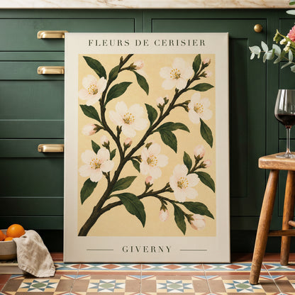 Giverny Blossom, beige, green, white floral wall art displayed in a styled interior, gallery view 7