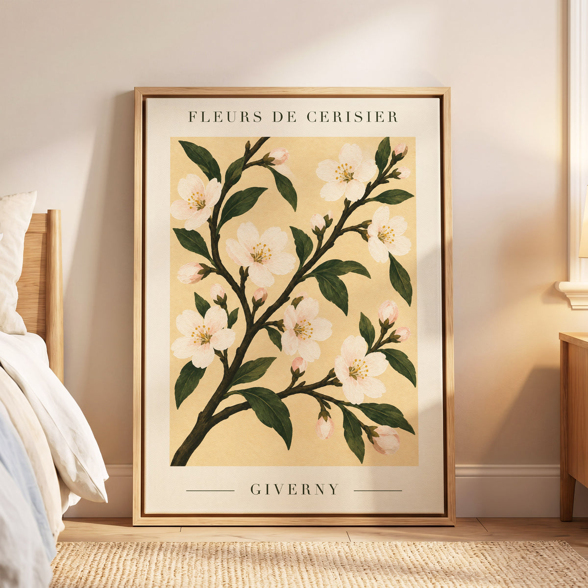Giverny Blossom, beige, green, white floral wall art displayed in a styled interior, gallery view 8