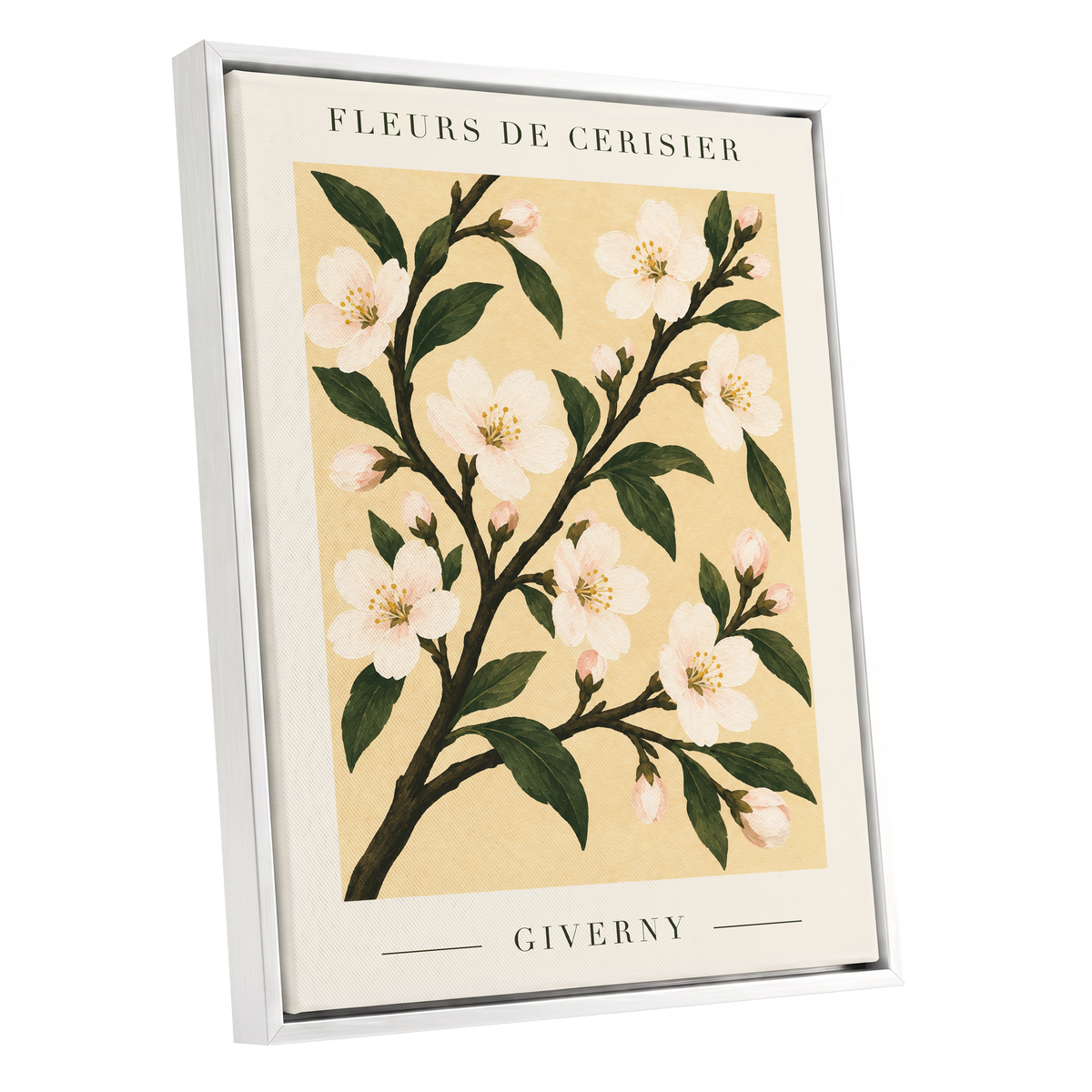 Giverny Blossom, beige, green, white floral wall art shown as a white framed canvas wall art