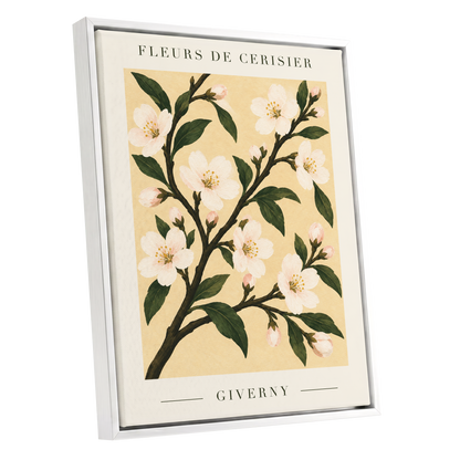 Giverny Blossom, beige, green, white floral wall art shown as a white framed canvas wall art