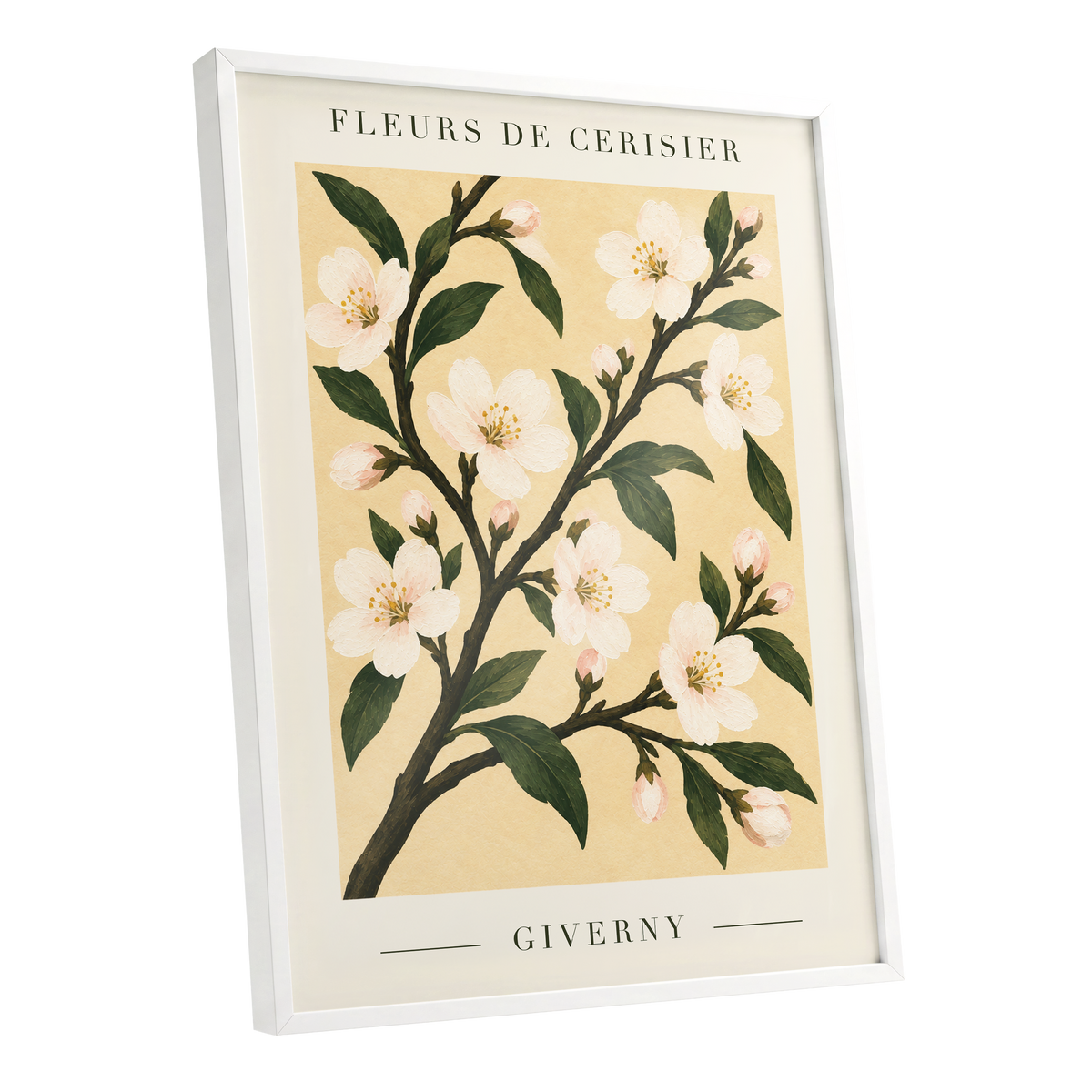 Giverny Blossom, beige, green, white floral wall art shown as a white framed poster wall art print