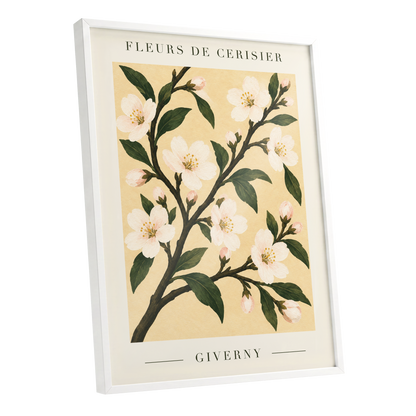 Giverny Blossom, beige, green, white floral wall art shown as a white framed poster wall art print