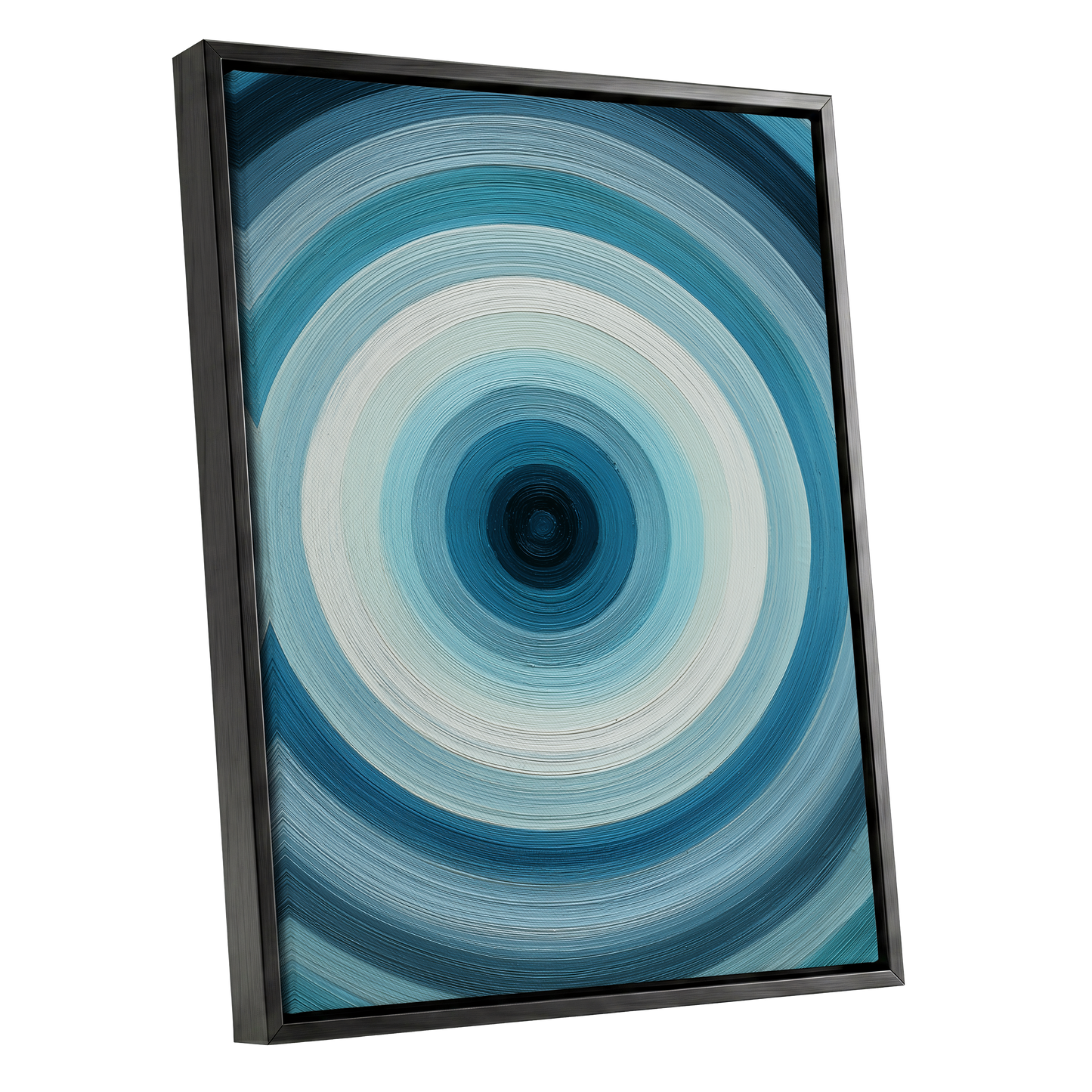 Glacial Ringwave, blue, green, white abstract wall art shown as a black framed canvas wall art