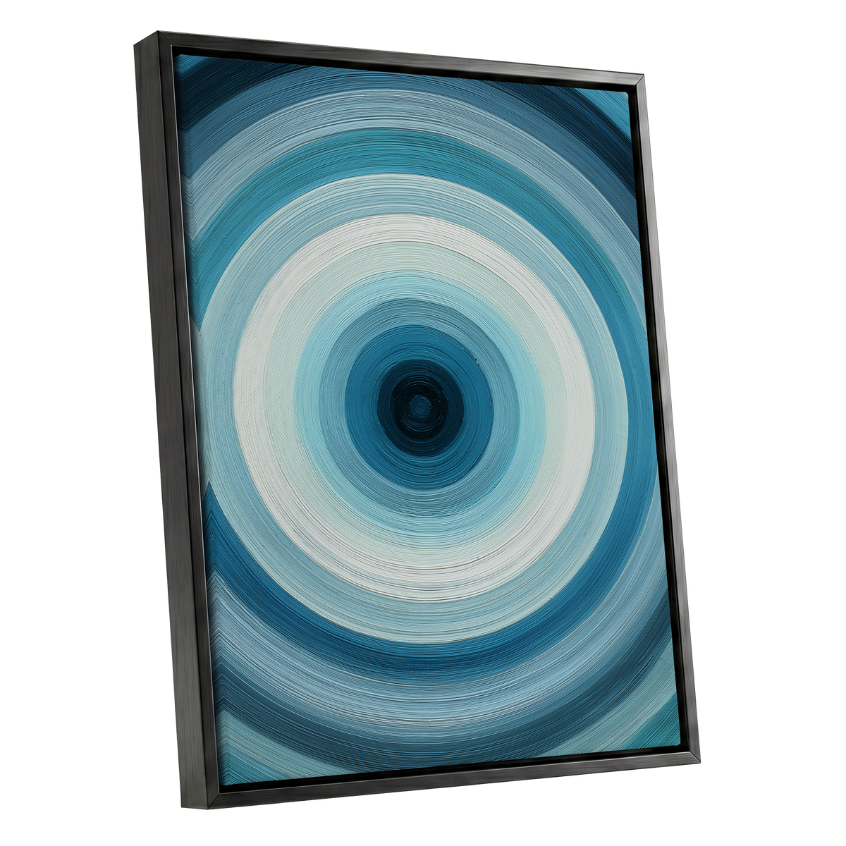Glacial Ringwave, blue, green, white abstract wall art shown as a black framed canvas wall art