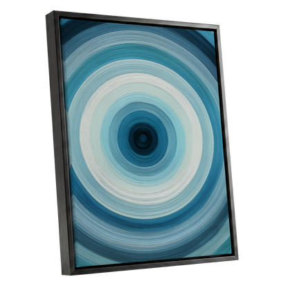 Glacial Ringwave, blue, green, white abstract wall art shown as a black framed canvas wall art