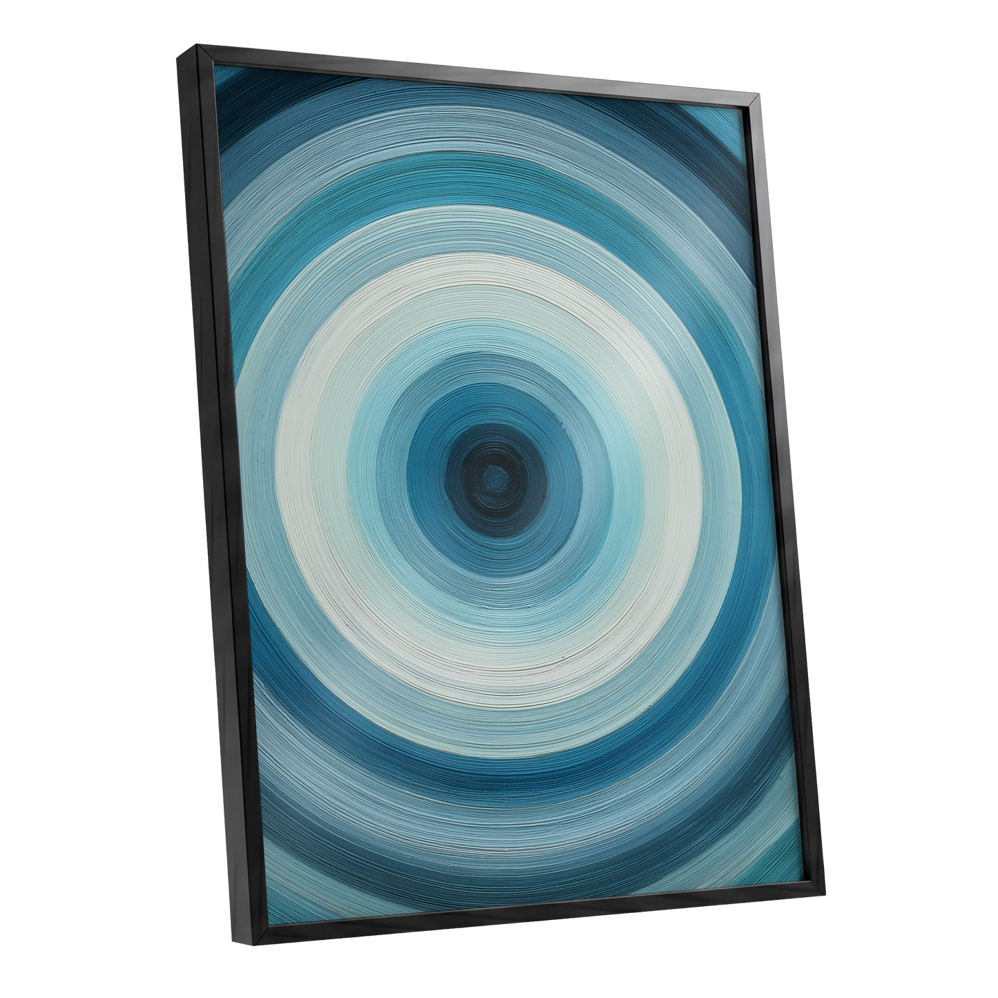 Glacial Ringwave, blue, green, white abstract wall art shown as a black framed poster wall art print