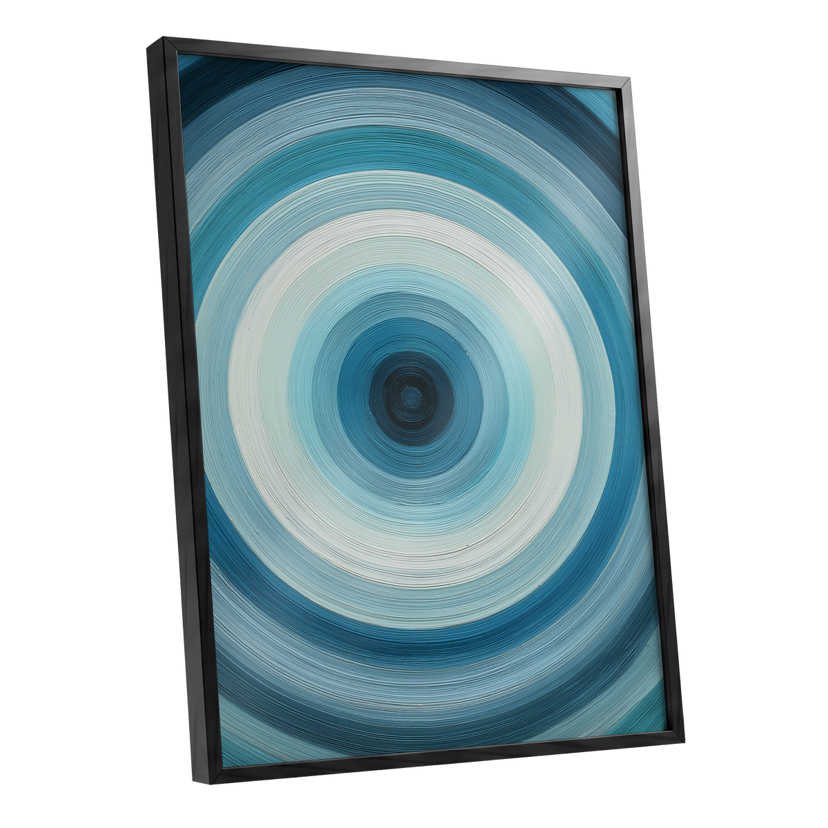 Glacial Ringwave, blue, green, white abstract wall art shown as a black framed poster wall art print