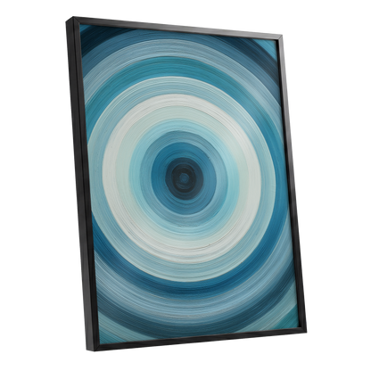 Glacial Ringwave, blue, green, white abstract wall art shown as a black framed poster wall art print
