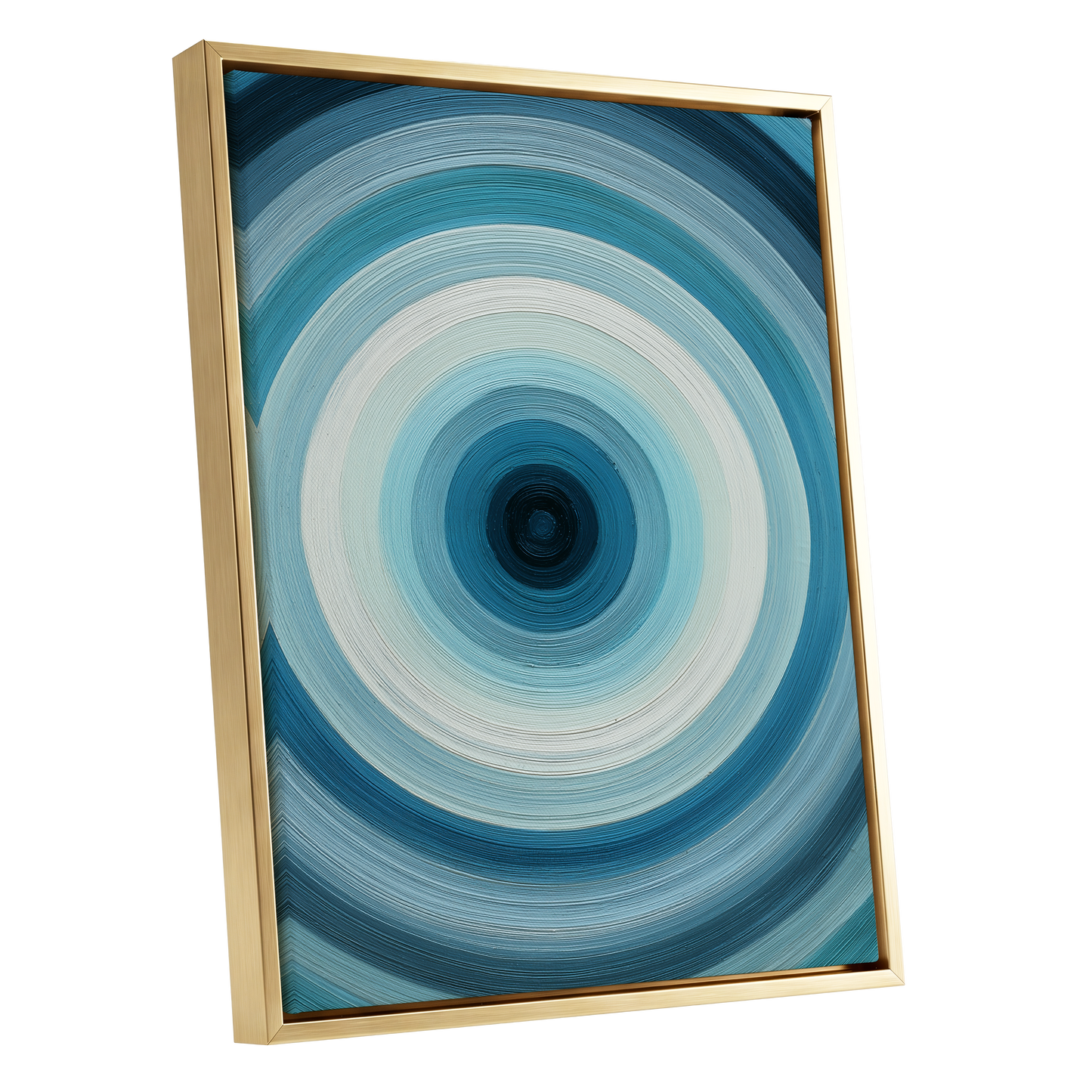 Glacial Ringwave, blue, green, white abstract wall art shown as a gold framed canvas wall art