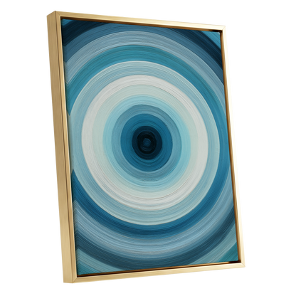 Glacial Ringwave, blue, green, white abstract wall art shown as a gold framed canvas wall art