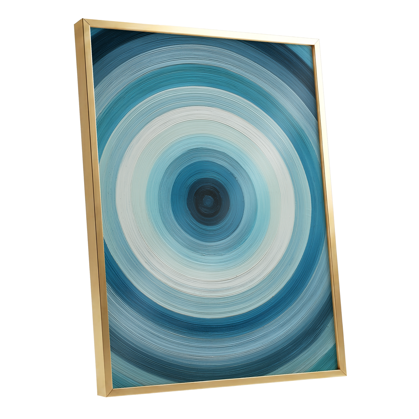 Glacial Ringwave, blue, green, white abstract wall art shown as a gold framed poster wall art print