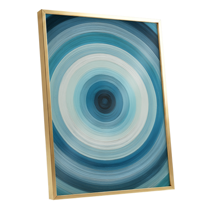 Glacial Ringwave, blue, green, white abstract wall art shown as a gold framed poster wall art print