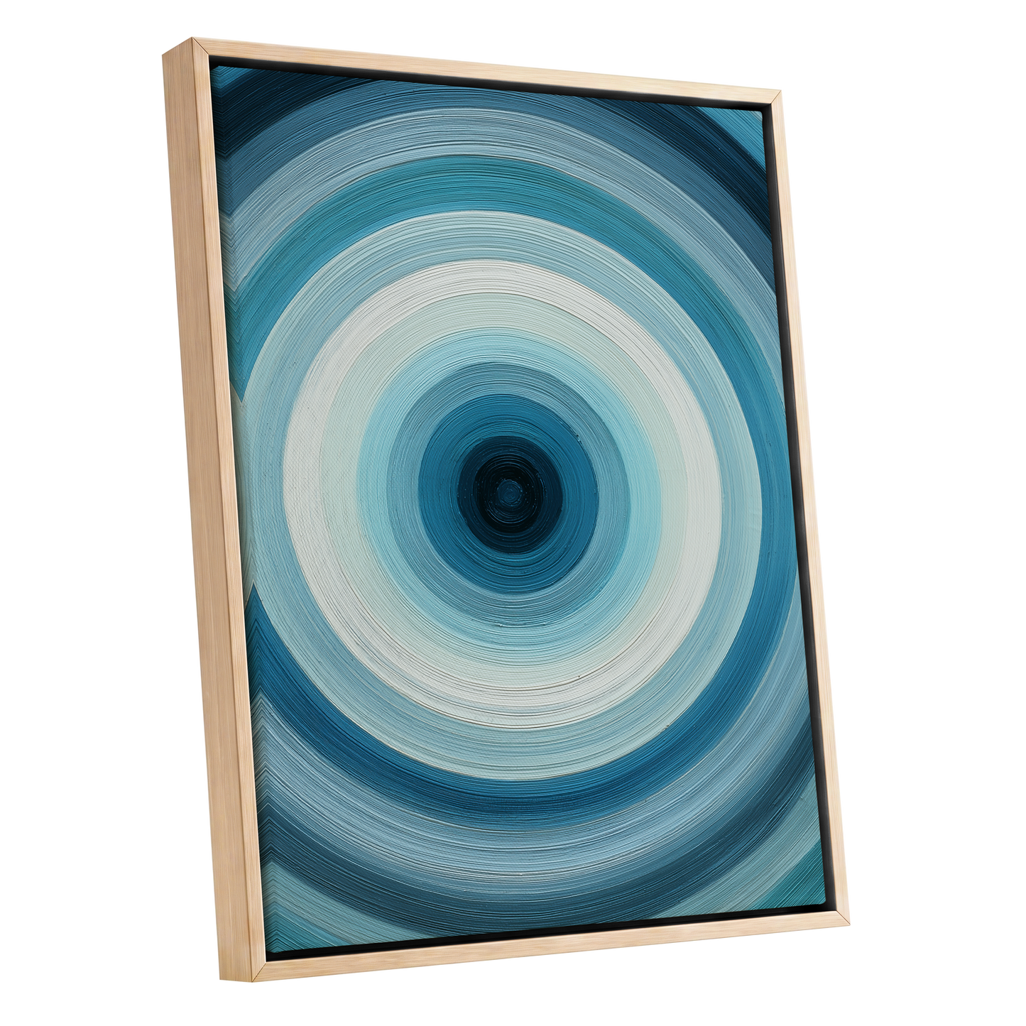 Glacial Ringwave, blue, green, white abstract wall art shown as a oak framed canvas wall art