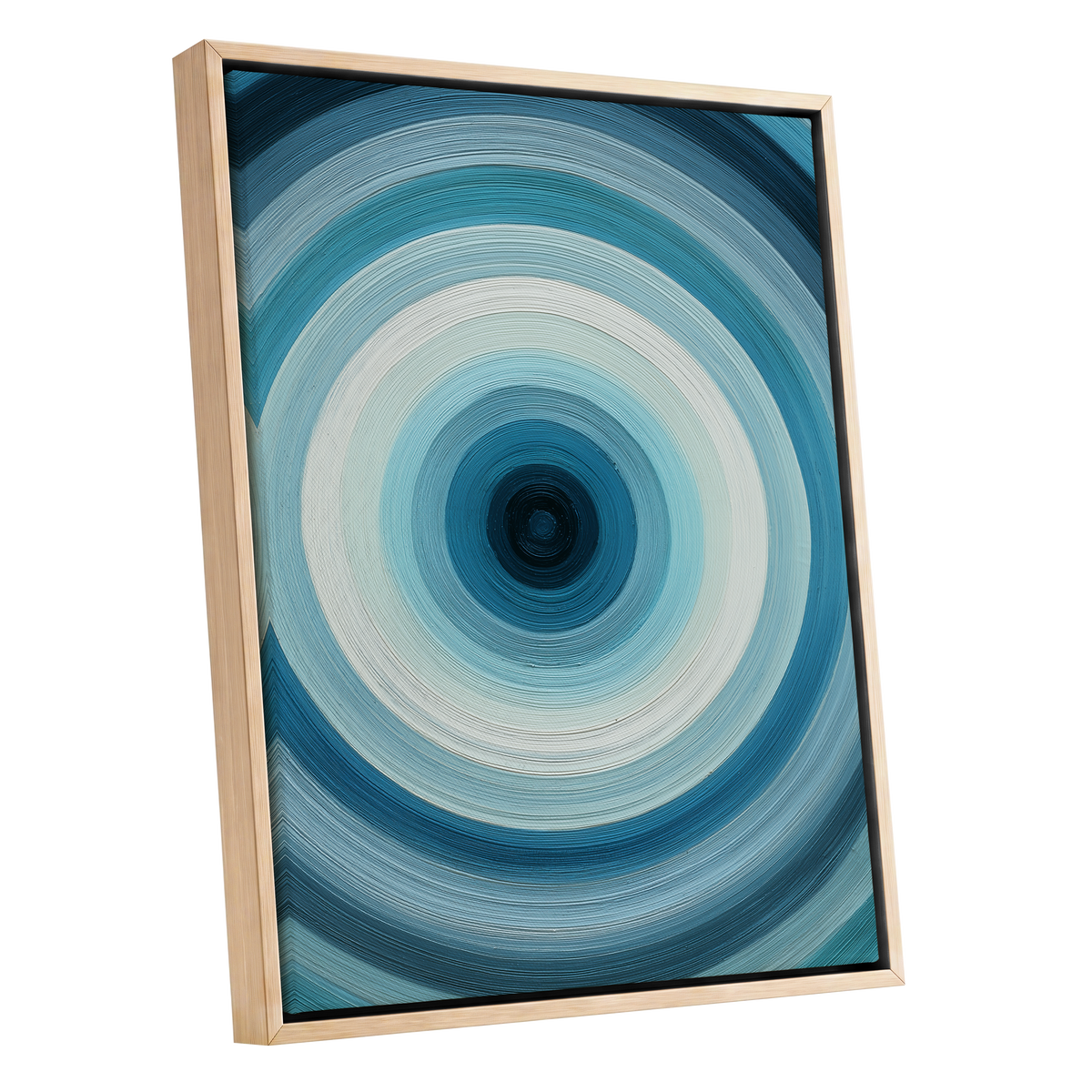 Glacial Ringwave, blue, green, white abstract wall art shown as a oak framed canvas wall art