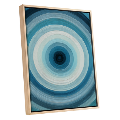 Glacial Ringwave, blue, green, white abstract wall art shown as a oak framed canvas wall art