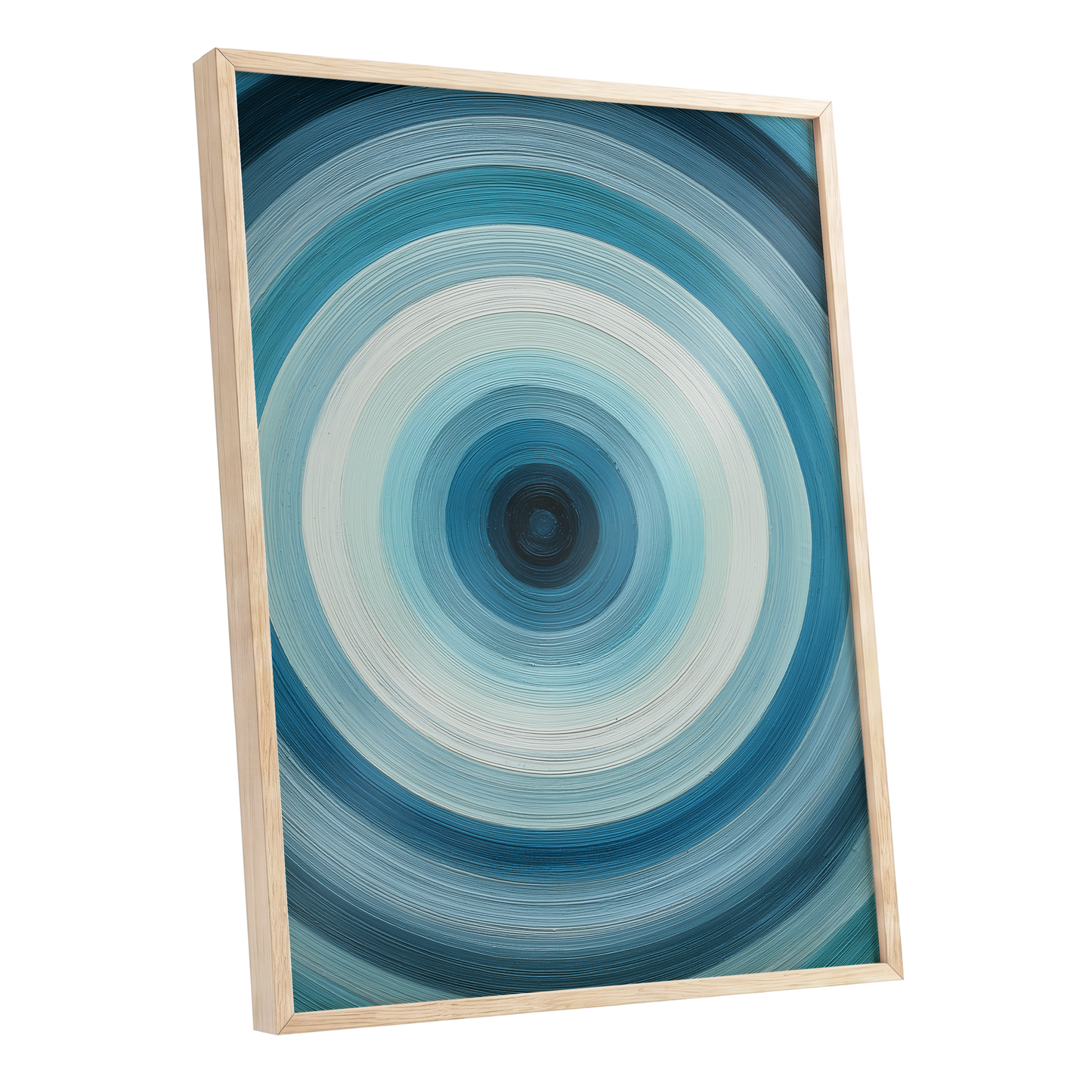 Glacial Ringwave, blue, green, white abstract wall art shown as a oak framed poster wall art print