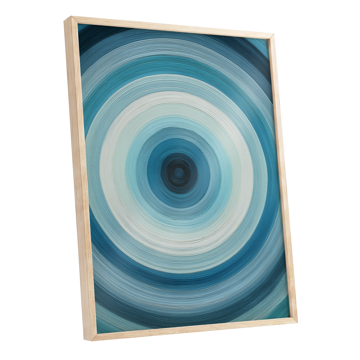 Glacial Ringwave, blue, green, white abstract wall art shown as a oak framed poster wall art print