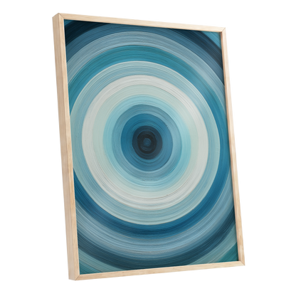 Glacial Ringwave, blue, green, white abstract wall art shown as a oak framed poster wall art print