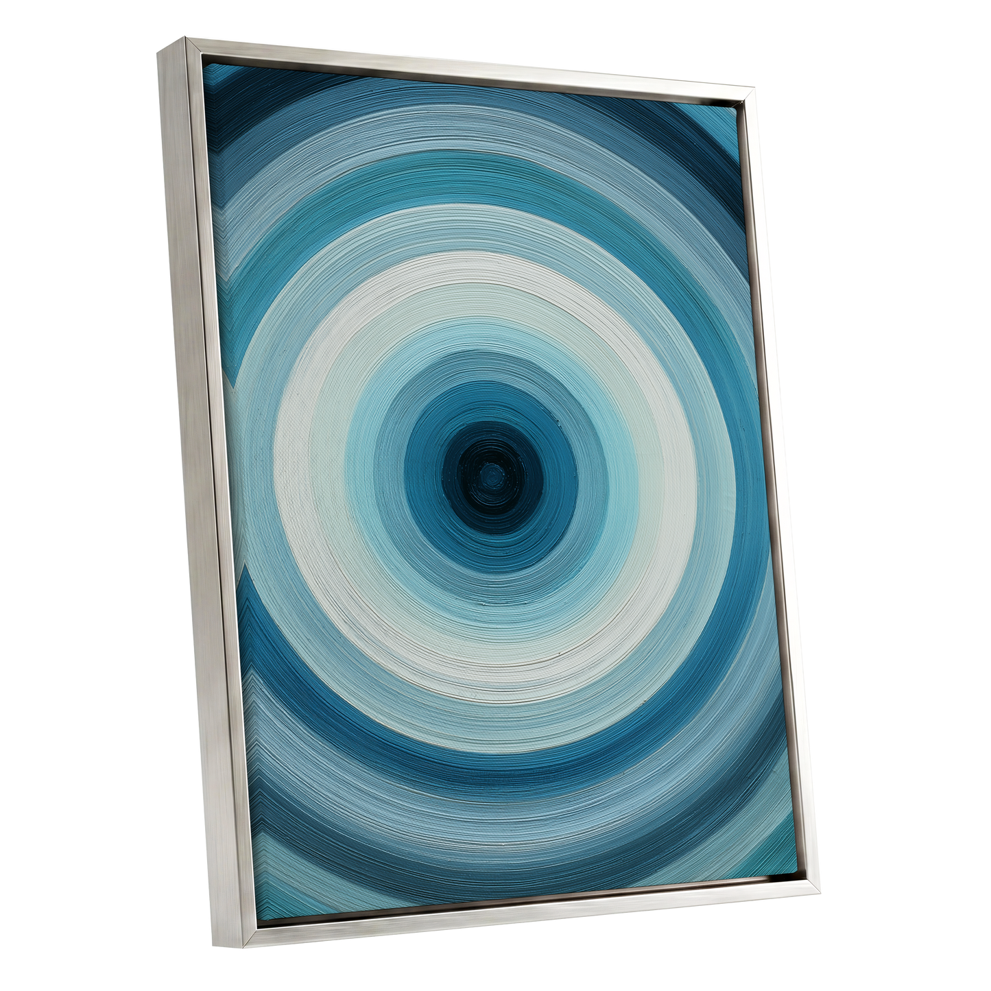 Glacial Ringwave, blue, green, white abstract wall art shown as a silver framed canvas wall art