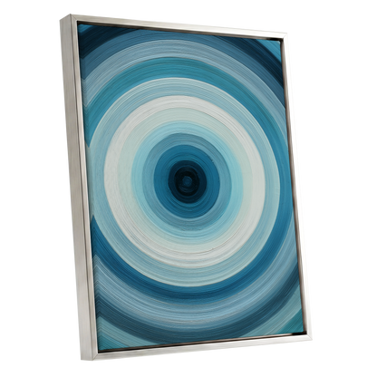 Glacial Ringwave, blue, green, white abstract wall art shown as a silver framed canvas wall art