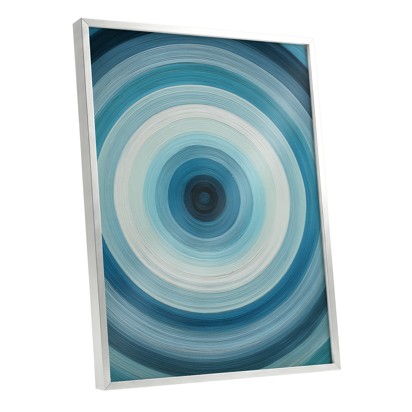 Glacial Ringwave, blue, green, white abstract wall art shown as a silver framed poster wall art print
