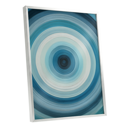 Glacial Ringwave, blue, green, white abstract wall art shown as a silver framed poster wall art print