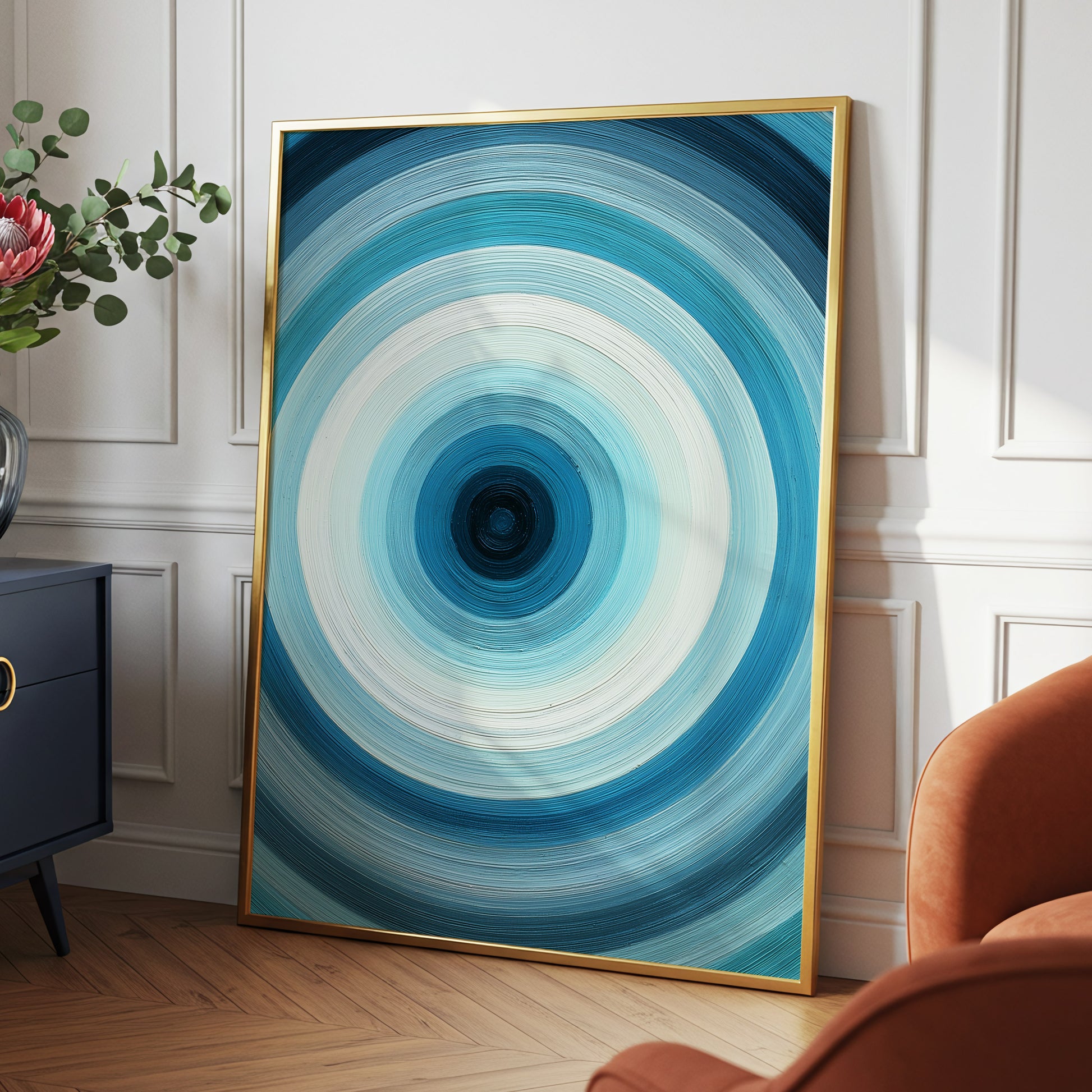 Glacial Ringwave, blue, green, white abstract wall art displayed in a styled interior, gallery view 2