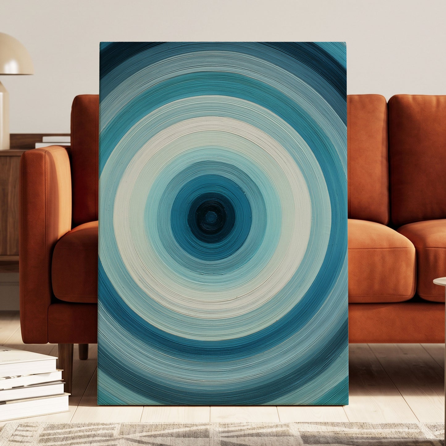 Glacial Ringwave, blue, green, white abstract wall art displayed in a styled interior, gallery view 3