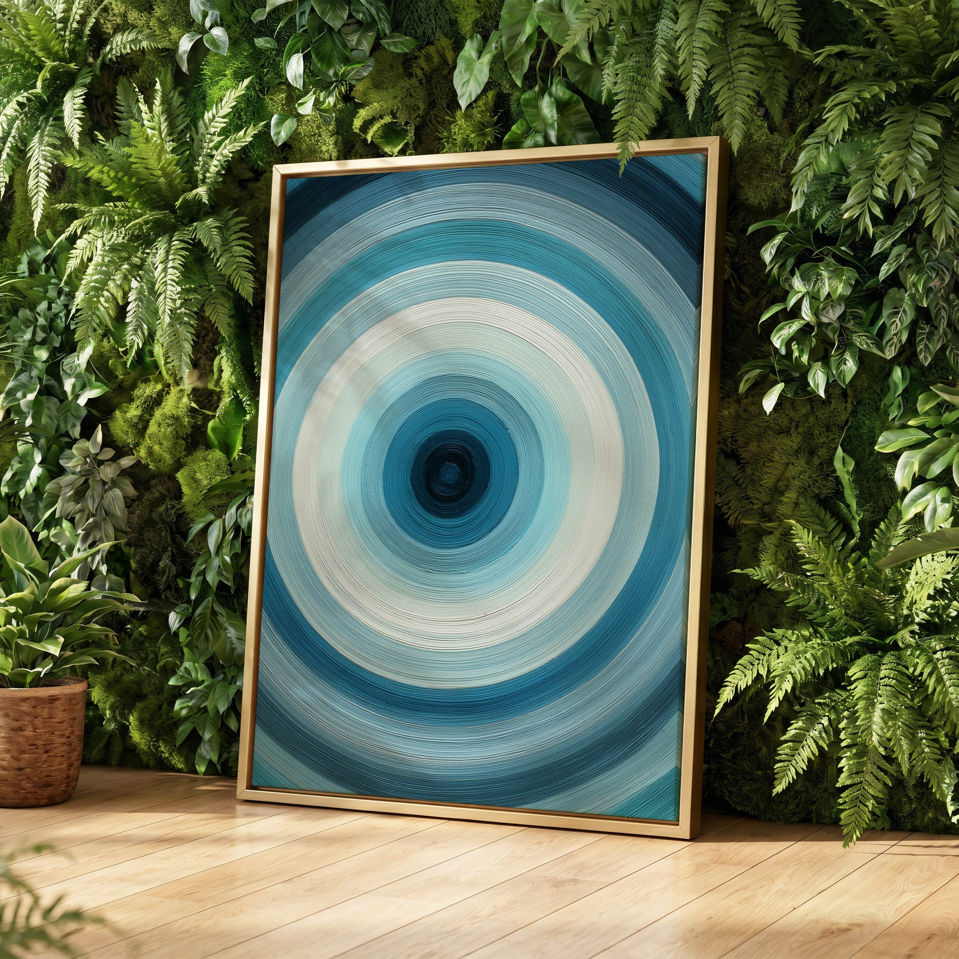 Glacial Ringwave, blue, green, white abstract wall art displayed in a styled interior, gallery view 4