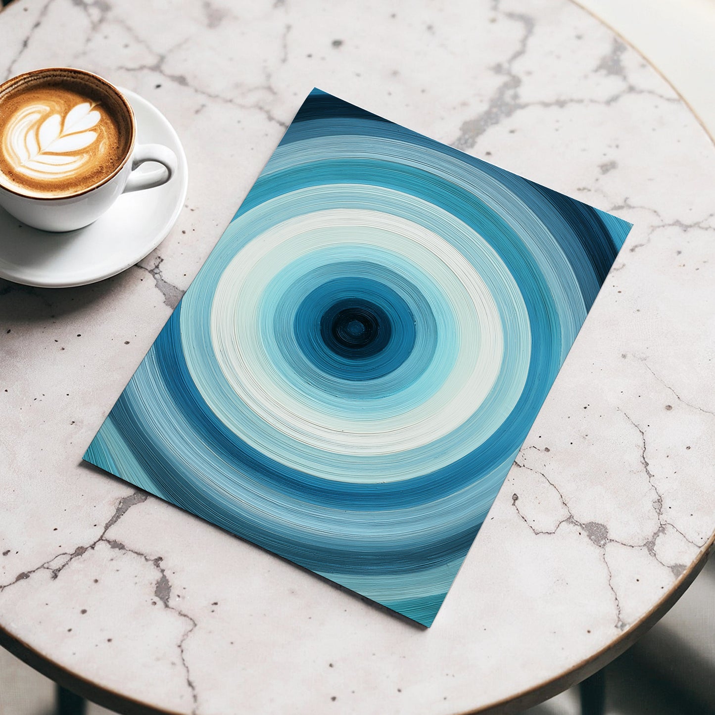 Glacial Ringwave, blue, green, white abstract wall art displayed in a styled interior, gallery view 5