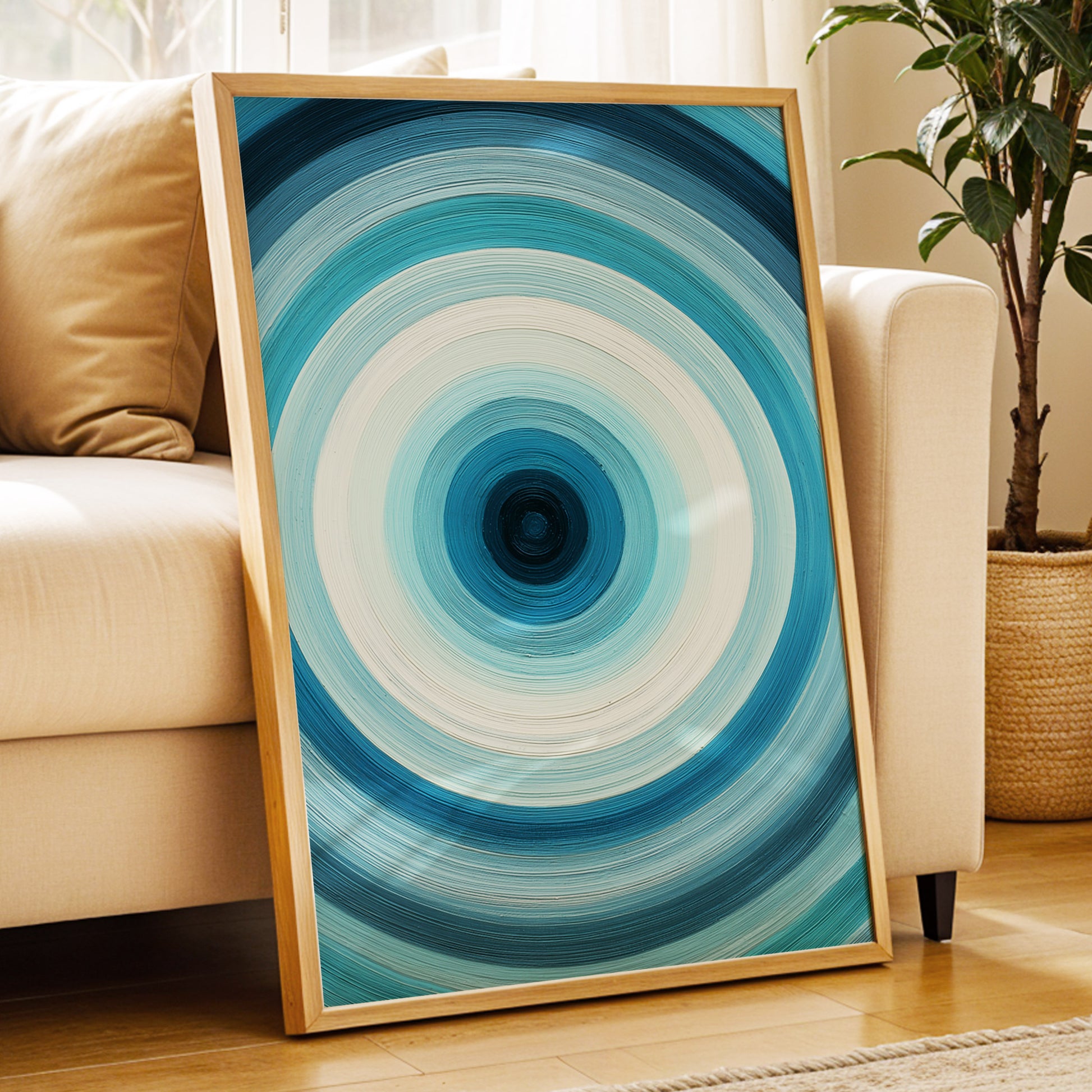 Glacial Ringwave, blue, green, white abstract wall art displayed in a styled interior, gallery view 6