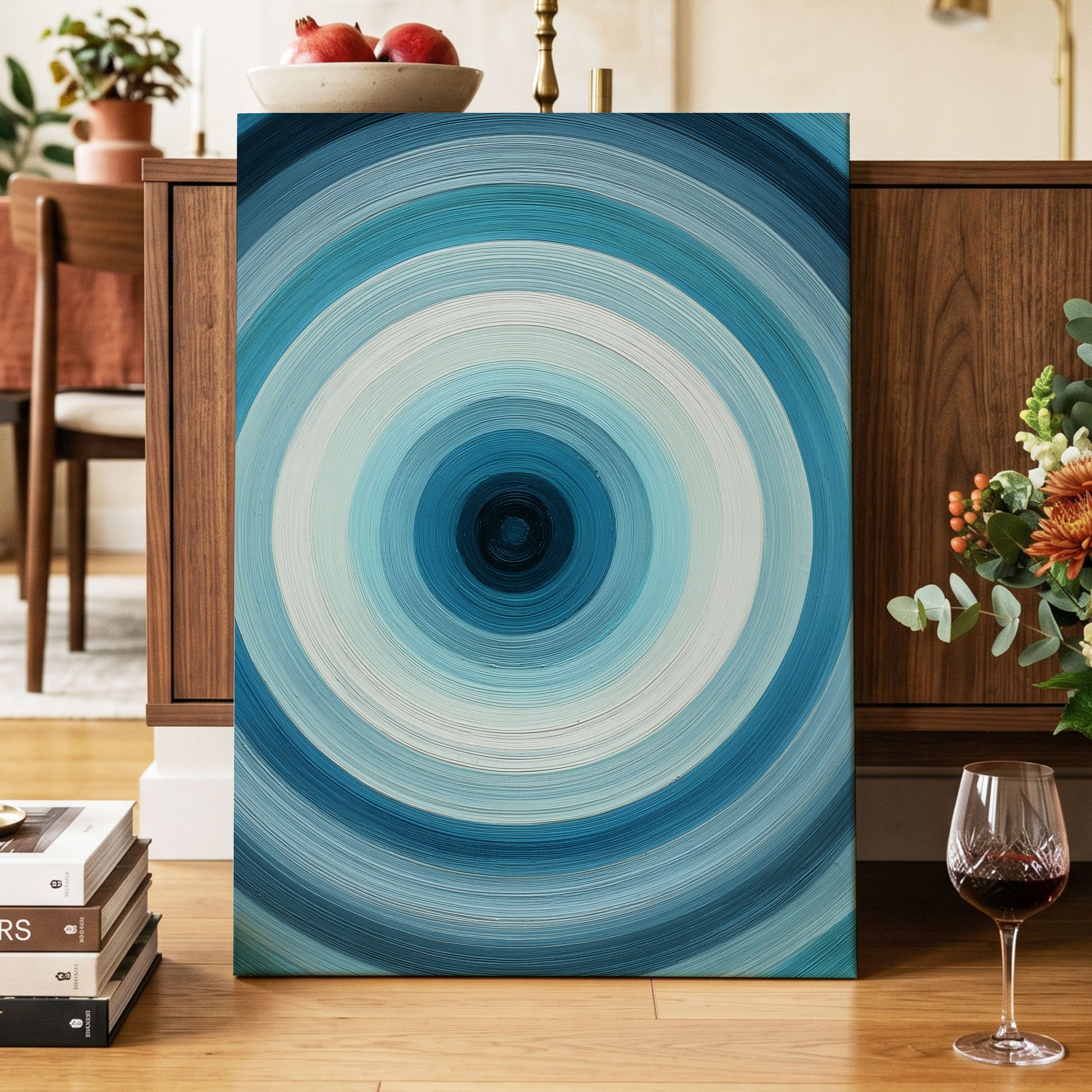 Glacial Ringwave, blue, green, white abstract wall art displayed in a styled interior, gallery view 7