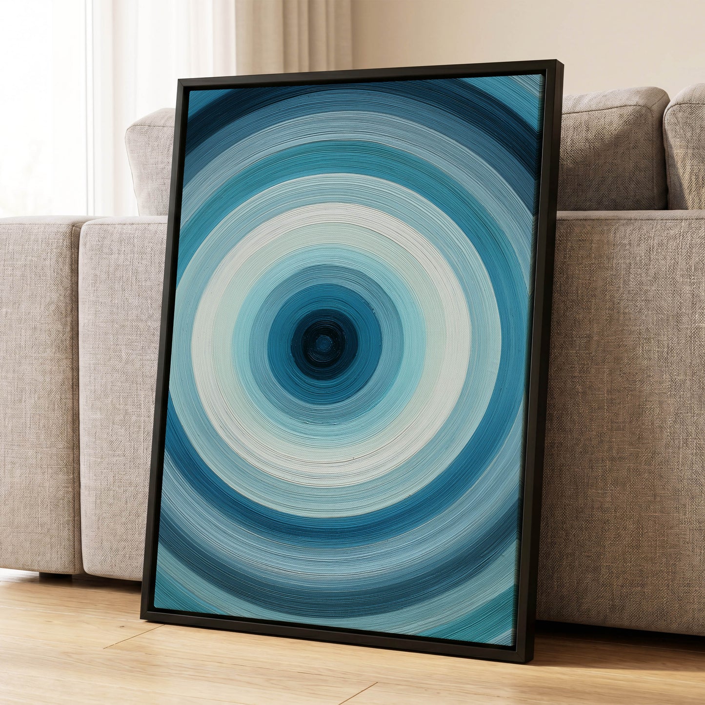 Glacial Ringwave, blue, green, white abstract wall art displayed in a styled interior, gallery view 8