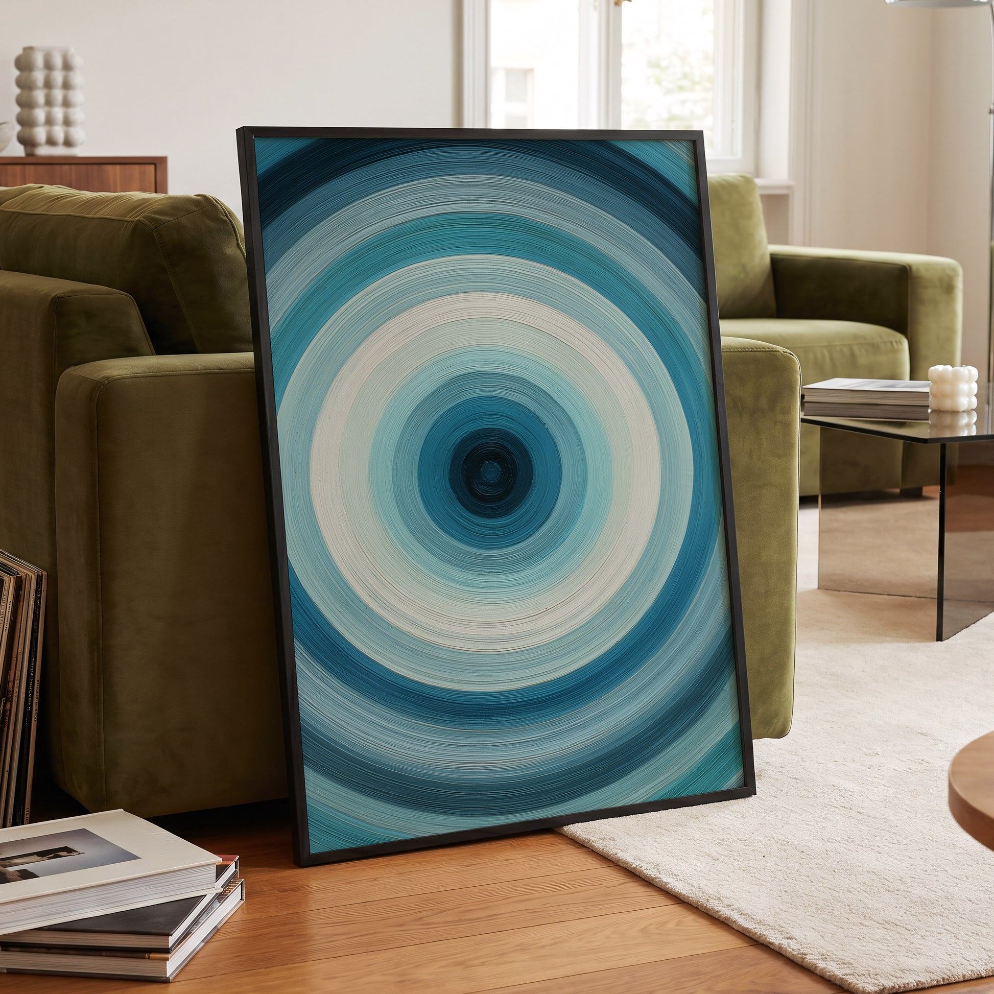 Glacial Ringwave, blue, green, white abstract wall art displayed in a styled interior, gallery view 9
