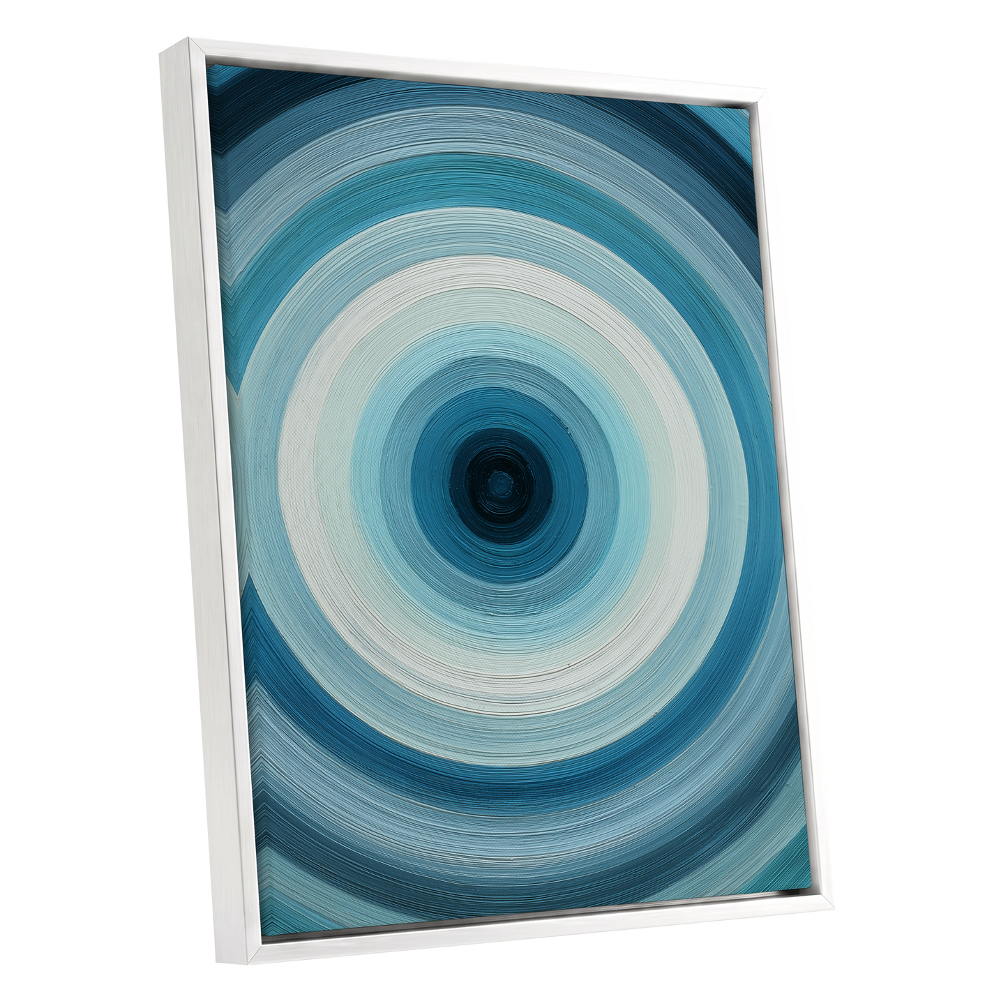 Glacial Ringwave, blue, green, white abstract wall art shown as a white framed canvas wall art