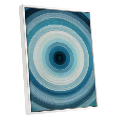 Glacial Ringwave, blue, green, white abstract wall art shown as a white framed canvas wall art