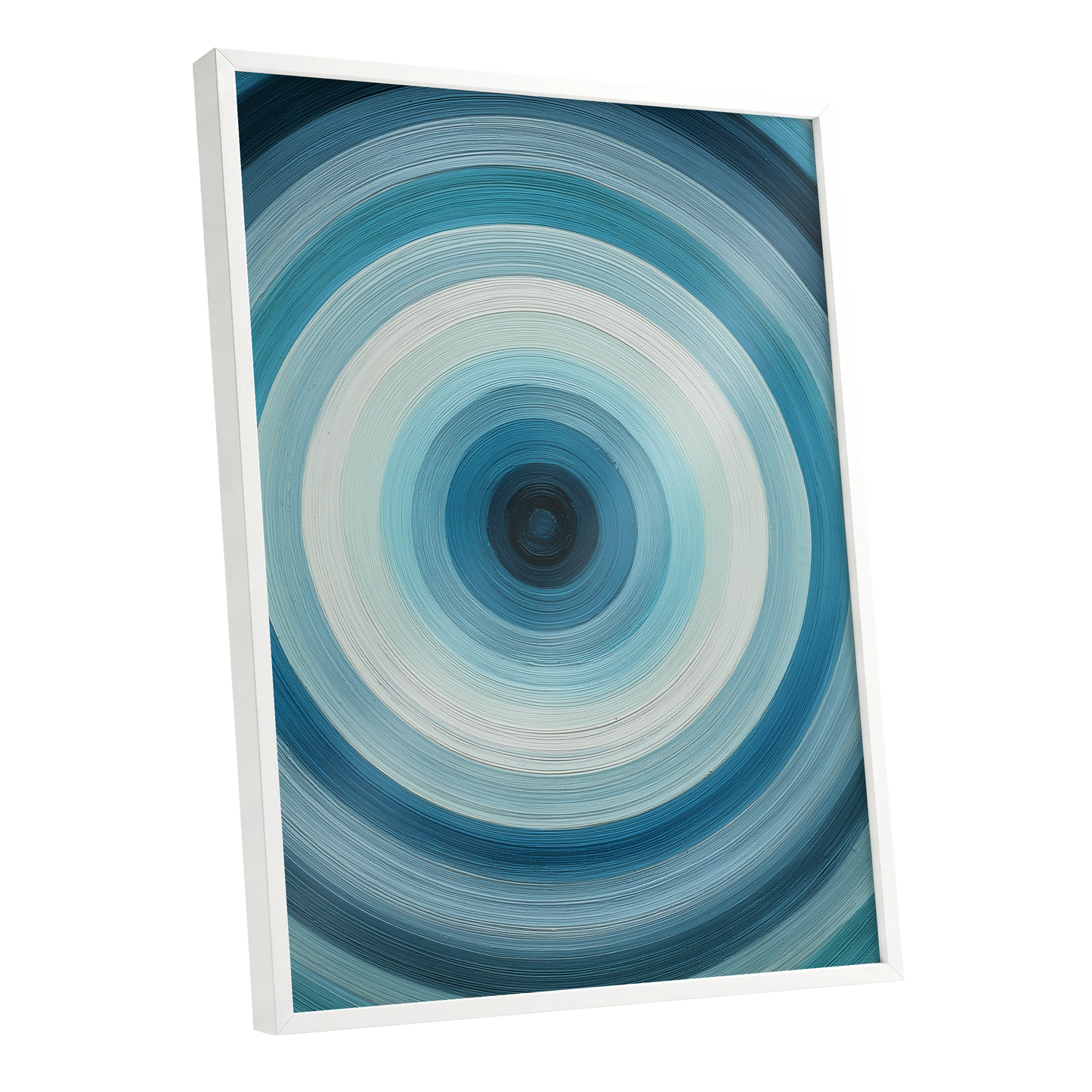 Glacial Ringwave, blue, green, white abstract wall art shown as a white framed poster wall art print