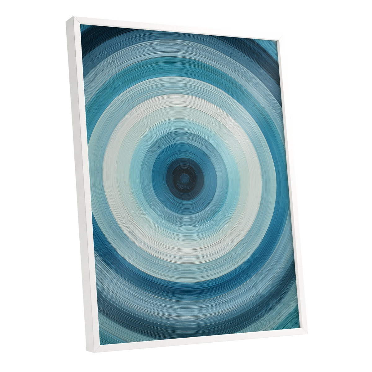 Glacial Ringwave, blue, green, white abstract wall art shown as a white framed poster wall art print