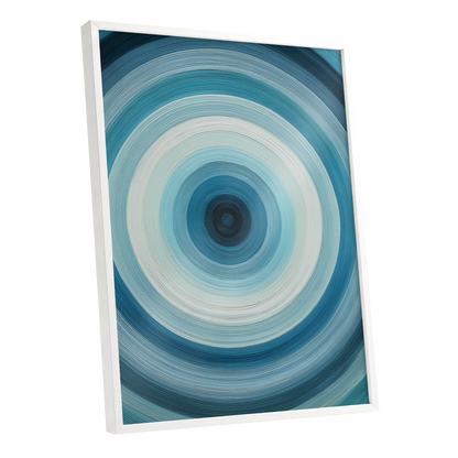 Glacial Ringwave, blue, green, white abstract wall art shown as a white framed poster wall art print