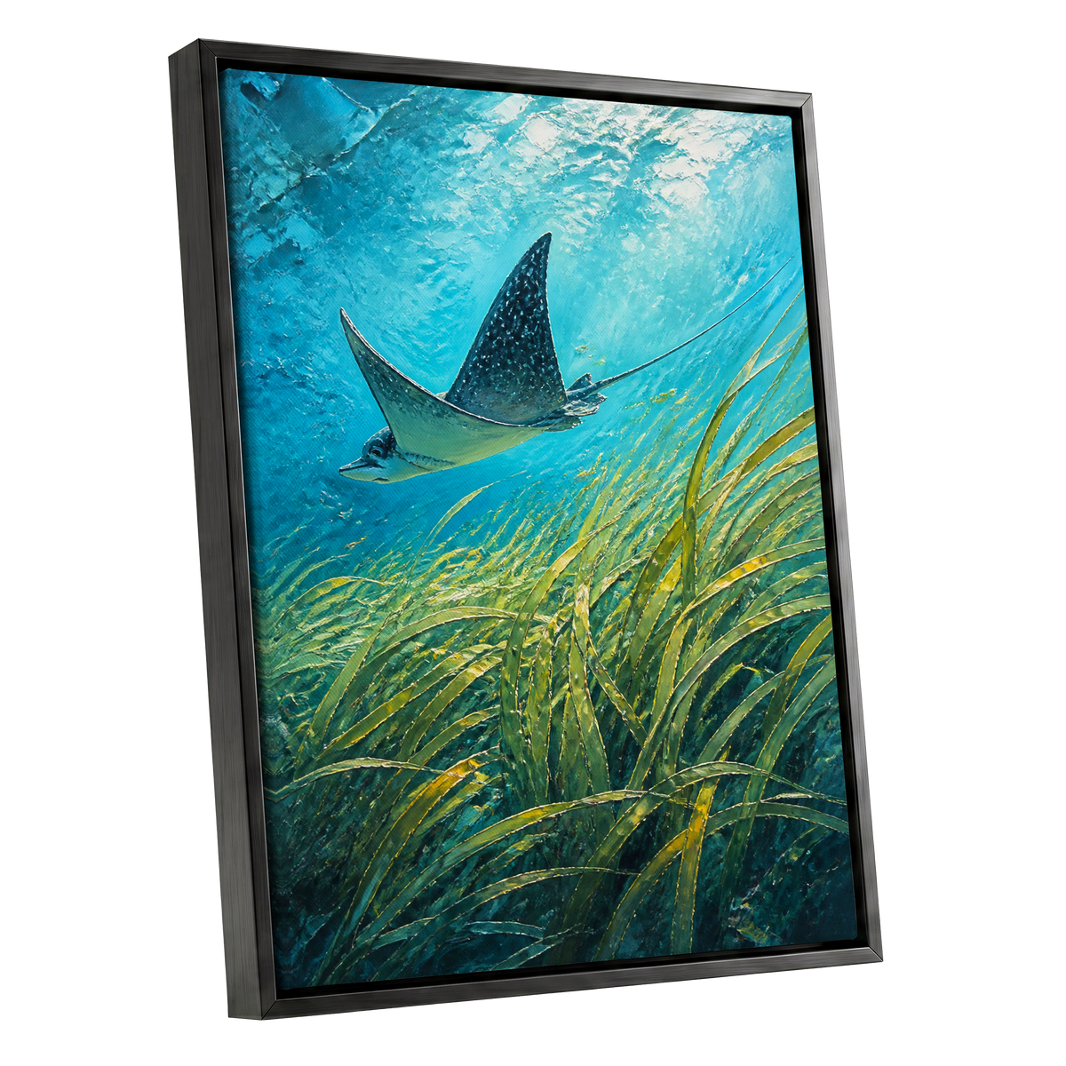 Glide Through Seagrass, blue, green nature wall art shown as a black framed canvas wall art