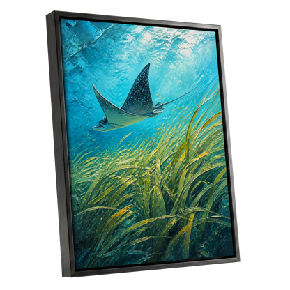 Glide Through Seagrass, blue, green nature wall art shown as a black framed canvas wall art