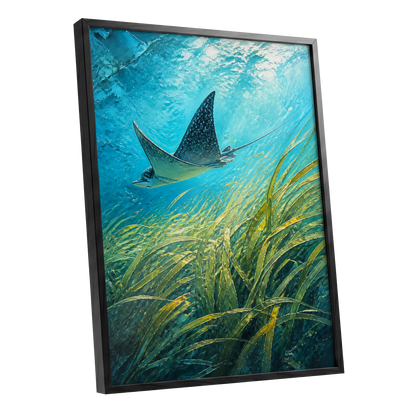 Glide Through Seagrass, blue, green nature wall art shown as a black framed poster wall art print