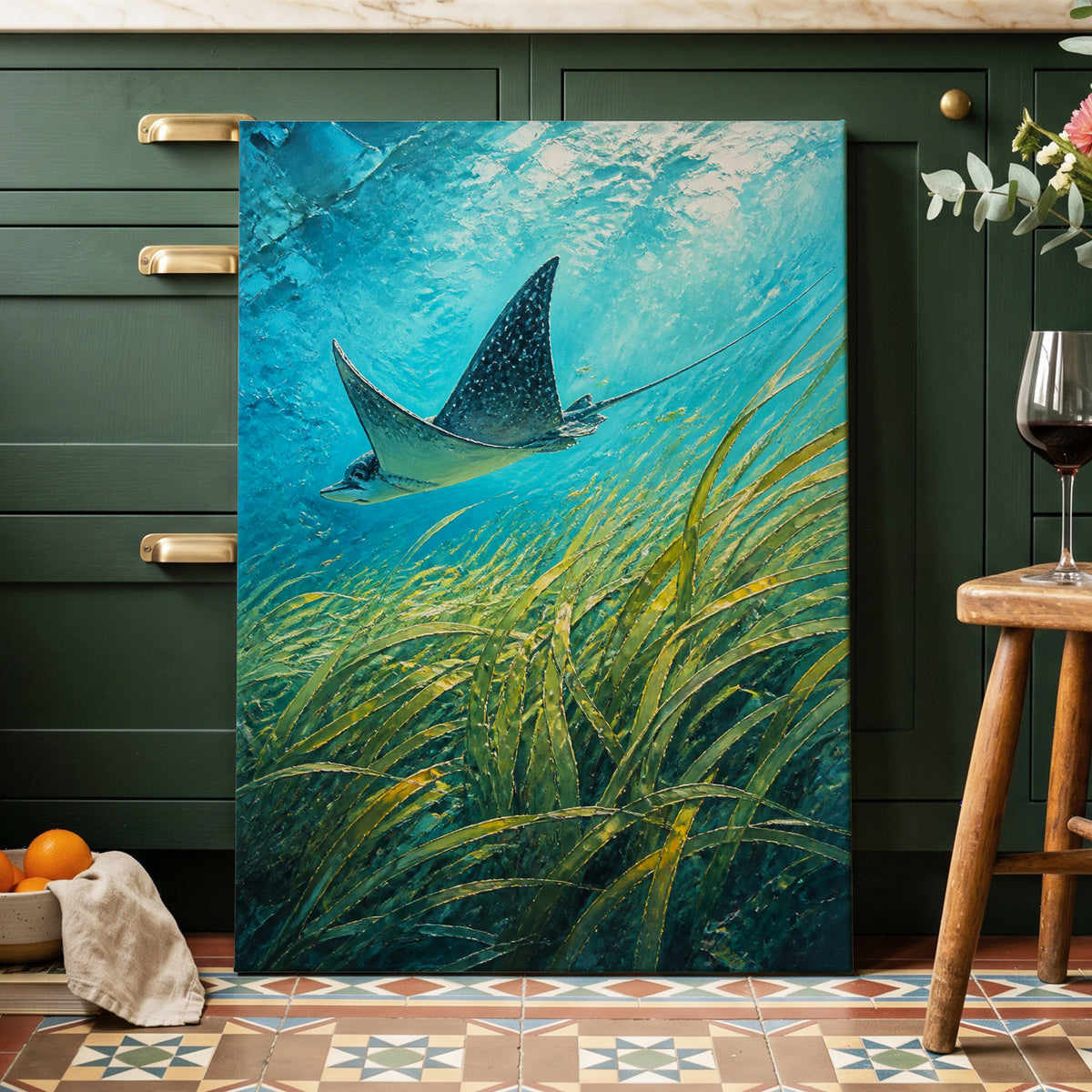 Glide Through Seagrass, blue, green nature wall art on canvas displayed in a styled interior, gallery view 1