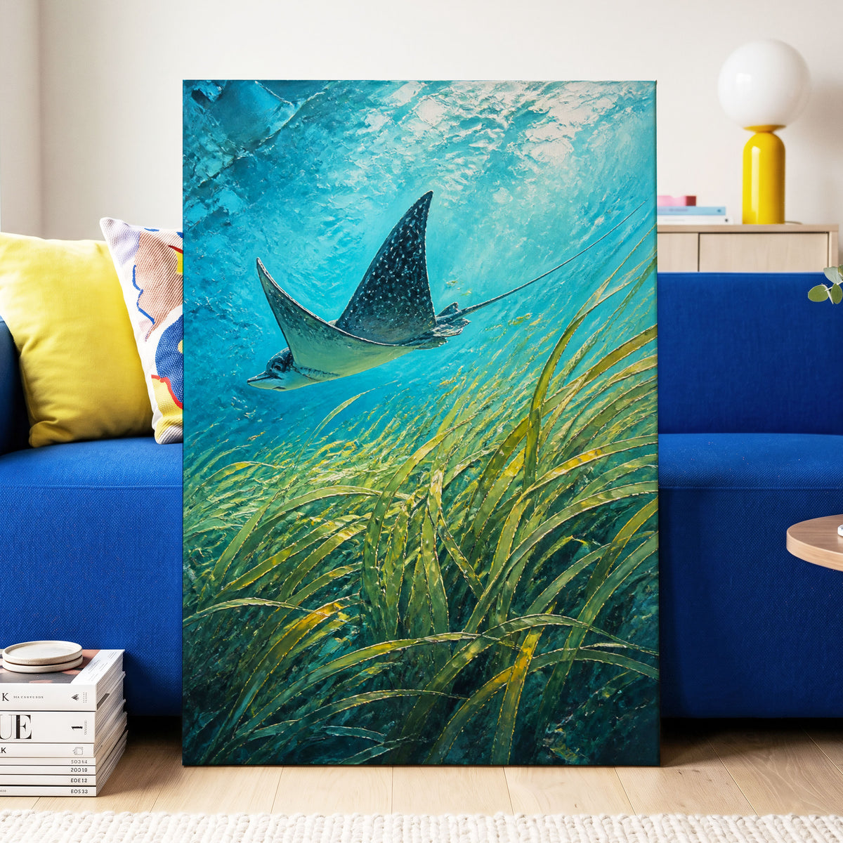 Glide Through Seagrass, blue, green nature wall art on canvas displayed in a styled interior, gallery view 2
